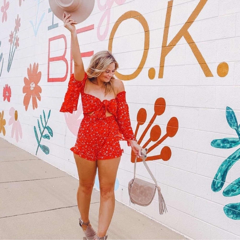 Tobi Off The Shoulder Tie Front Red Floral Romper